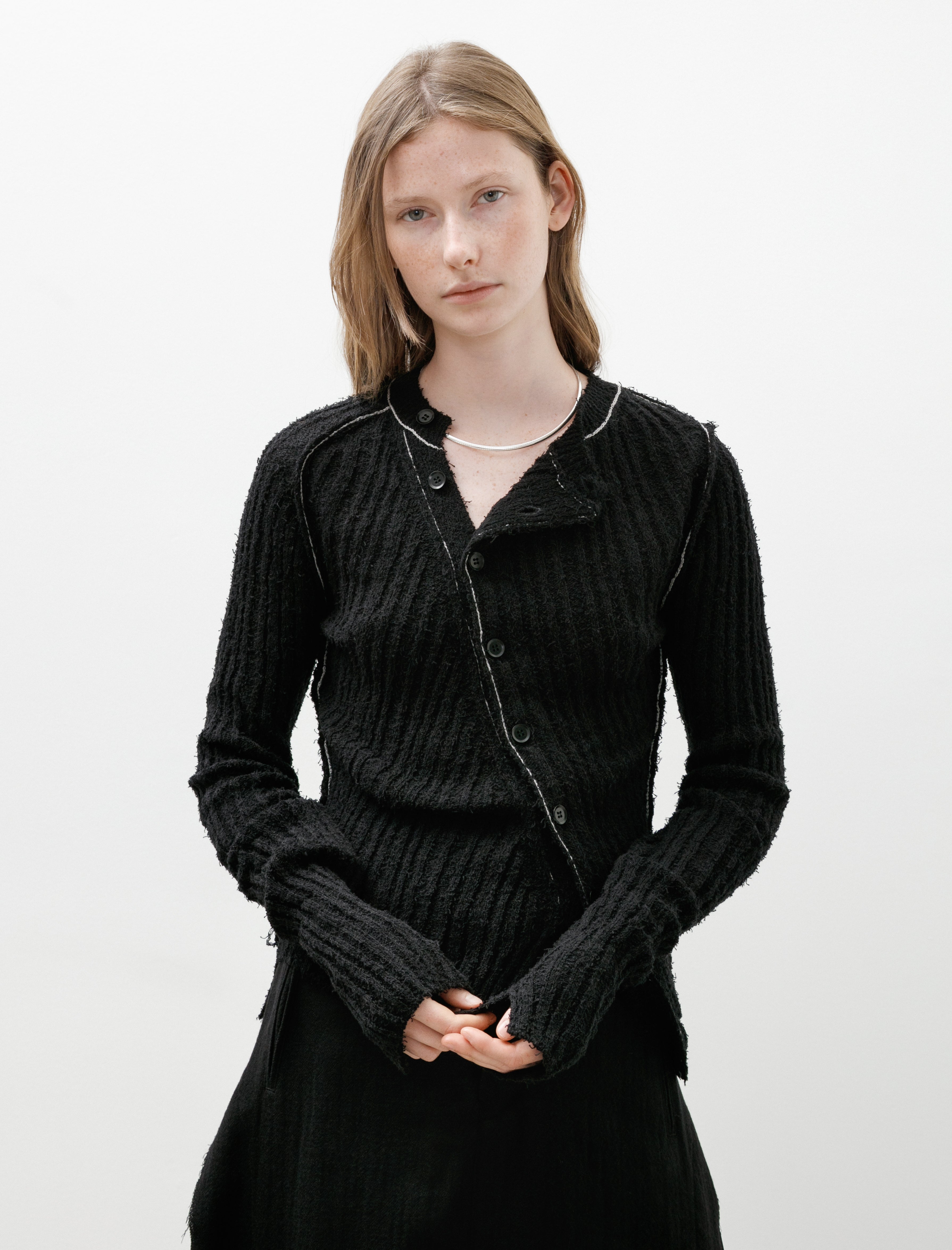 Y's by Yohji Yamamoto Contrast Stitch Asymmetrical Cardigan Black
