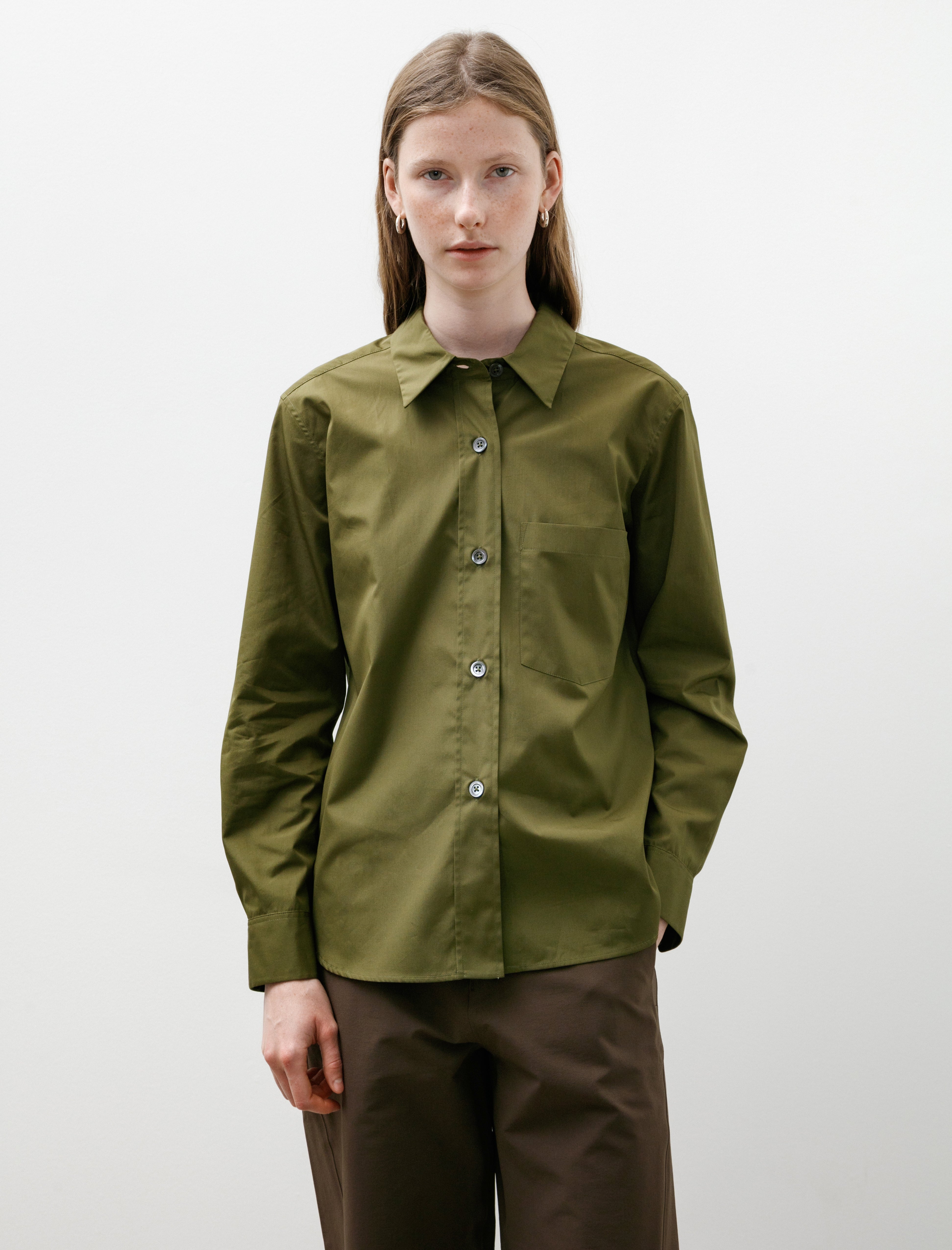 Margaret Howell Simple Shirt Double Twist Cotton Poplin Leaf Green