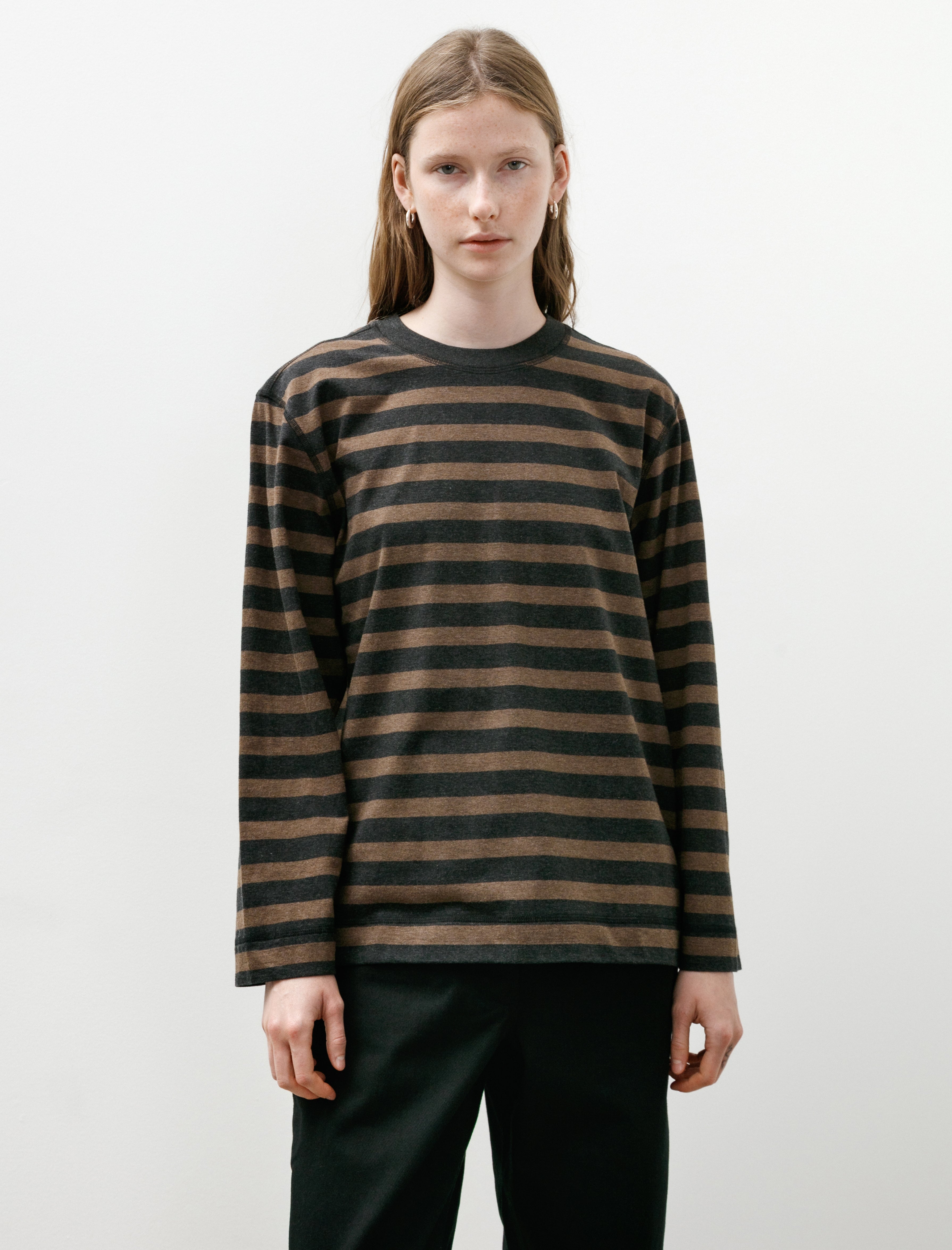 MHL Crew Neck Matelot Light Cotton Melange Stripe Off Black Bark