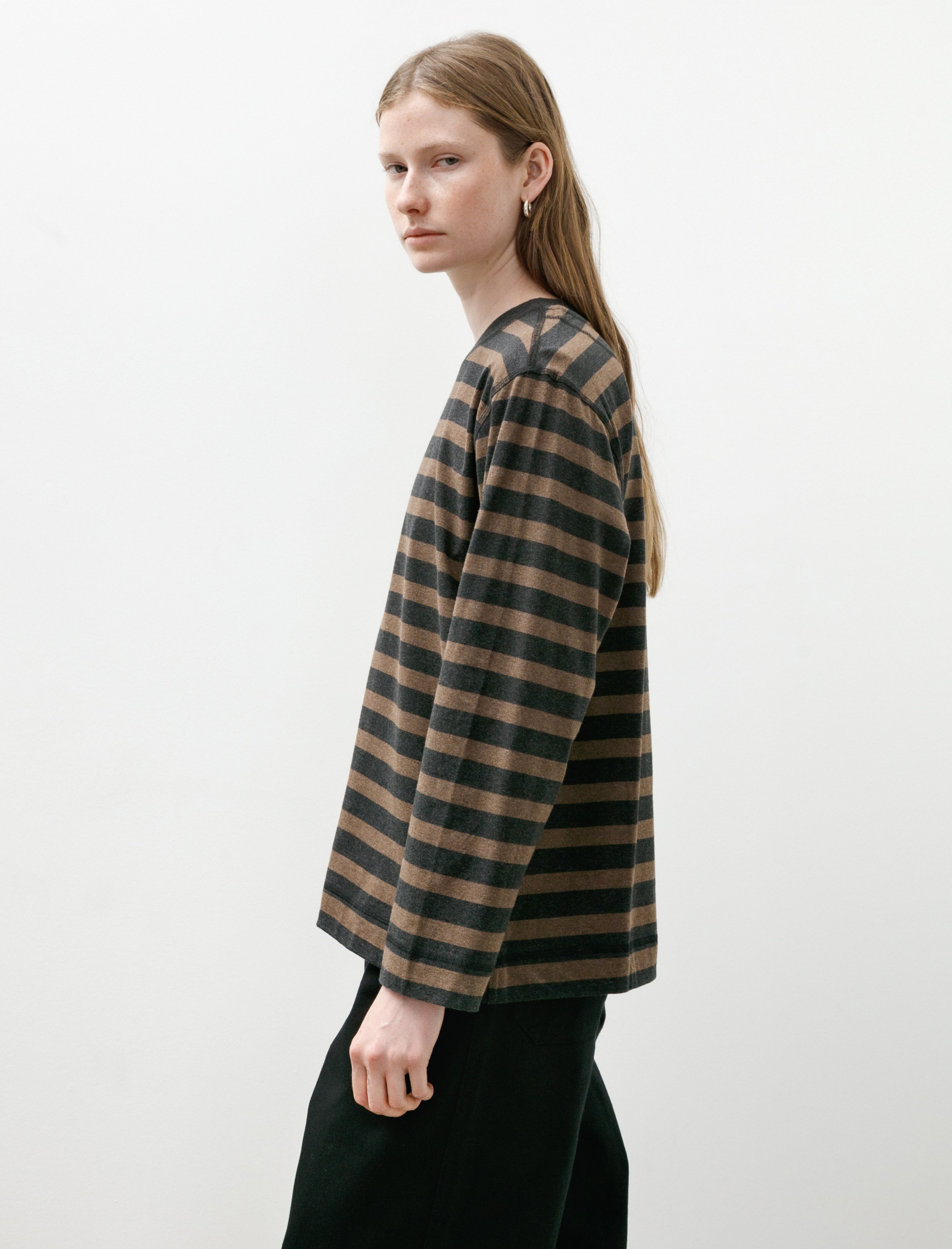 MHL Crew Neck Matelot Light Cotton Melange Stripe Off Black Bark