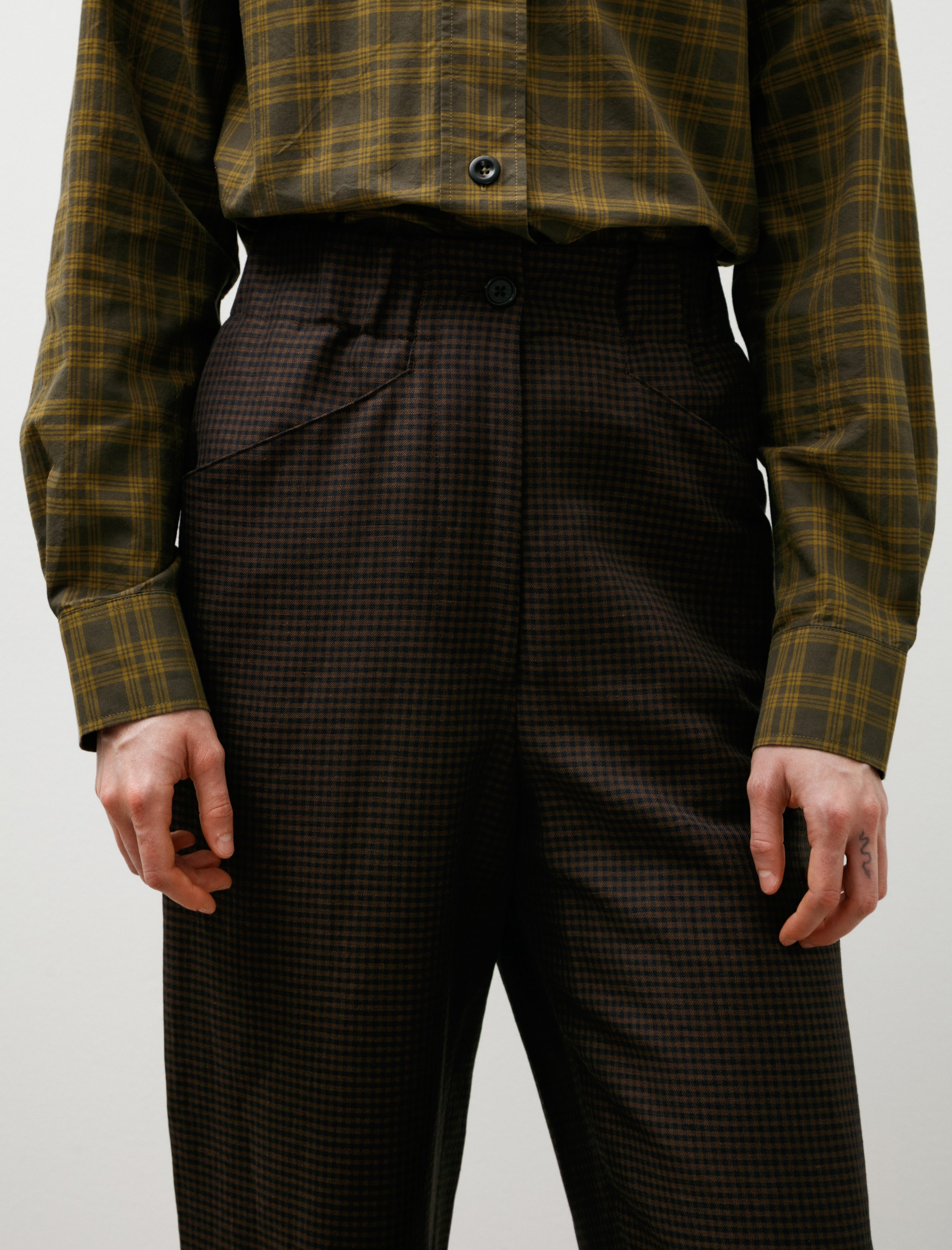Margaret Howell Relaxed Crop Linen Wool Gingham Navy Warm Brown