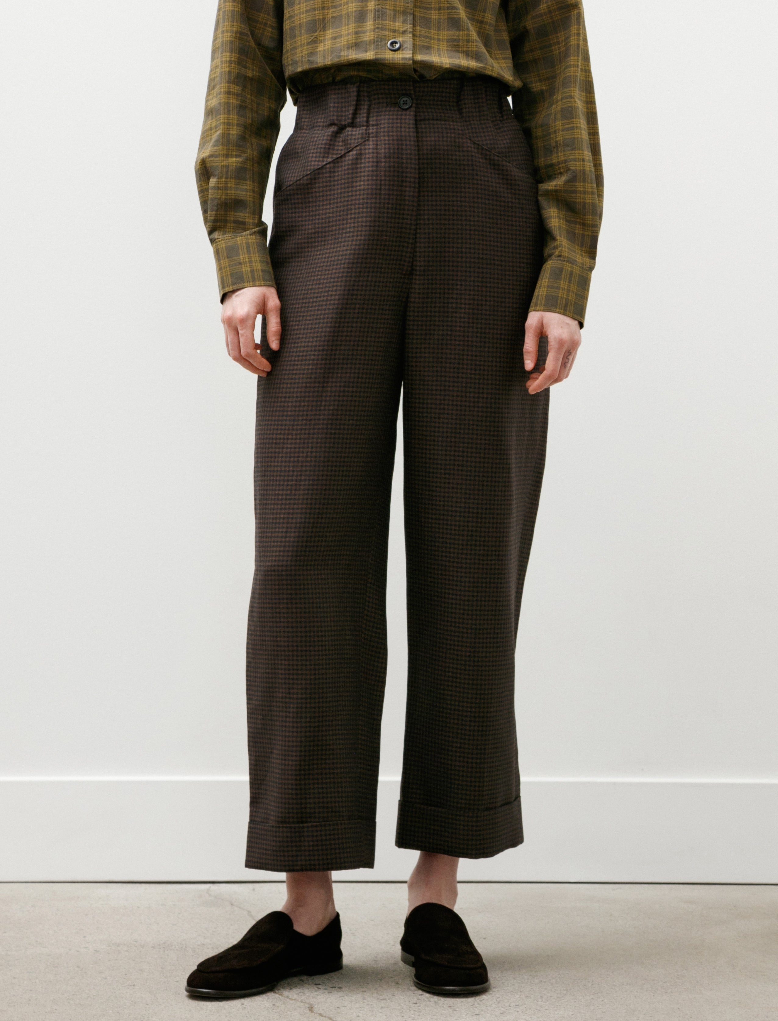 Margaret Howell Relaxed Crop Linen Wool Gingham Navy Warm Brown