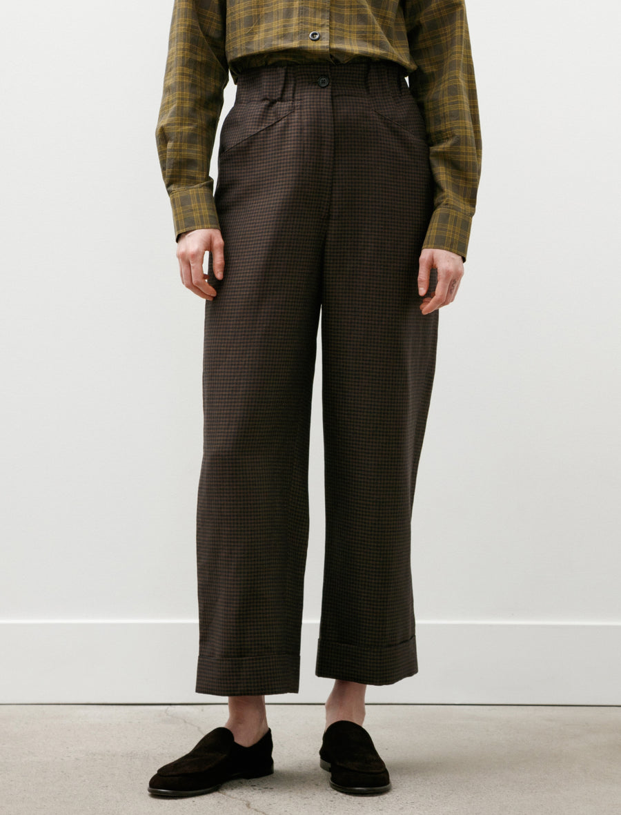 Relaxed Crop Linen Wool Gingham Navy Warm Brown - Image 4