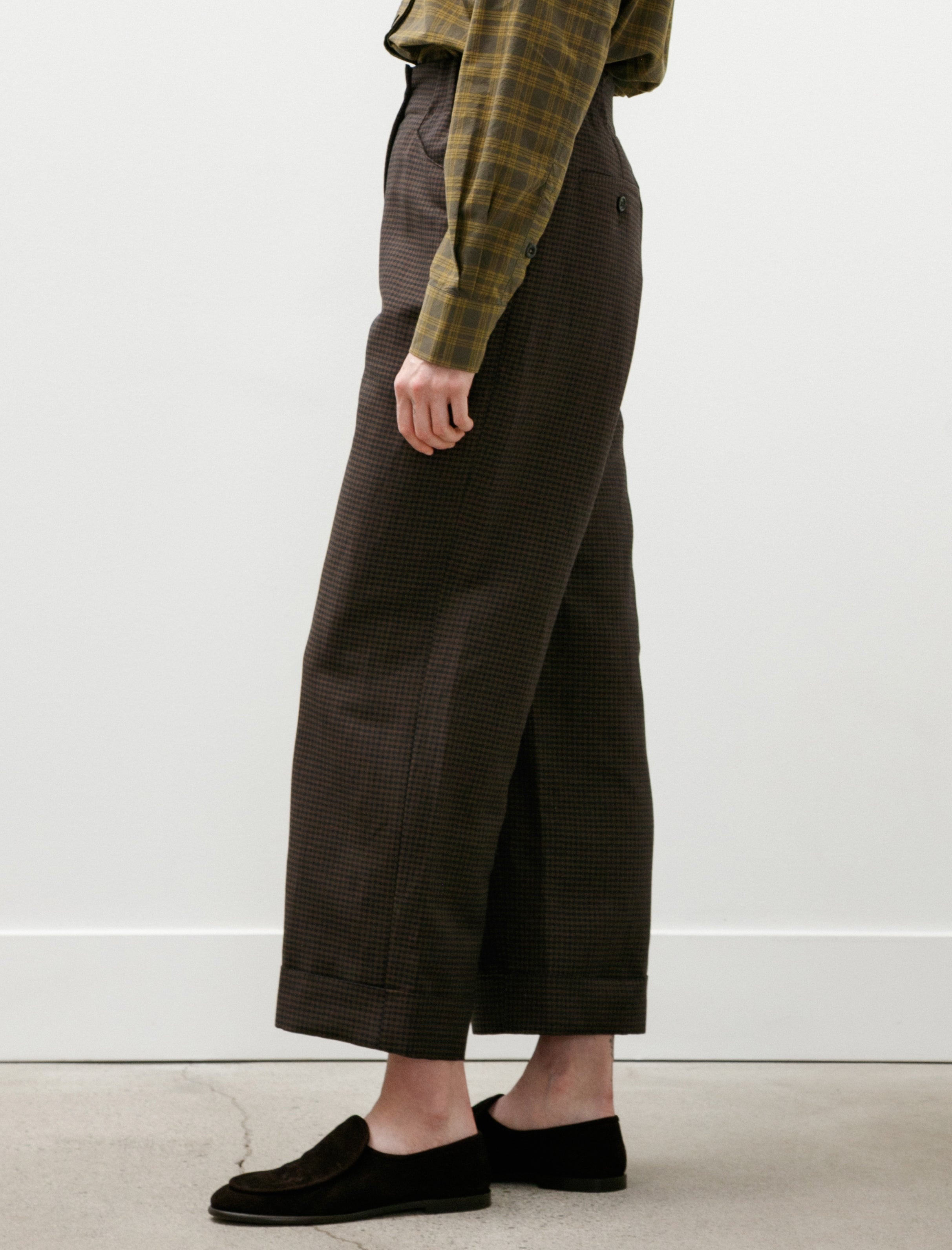 Margaret Howell Relaxed Crop Linen Wool Gingham Navy Warm Brown