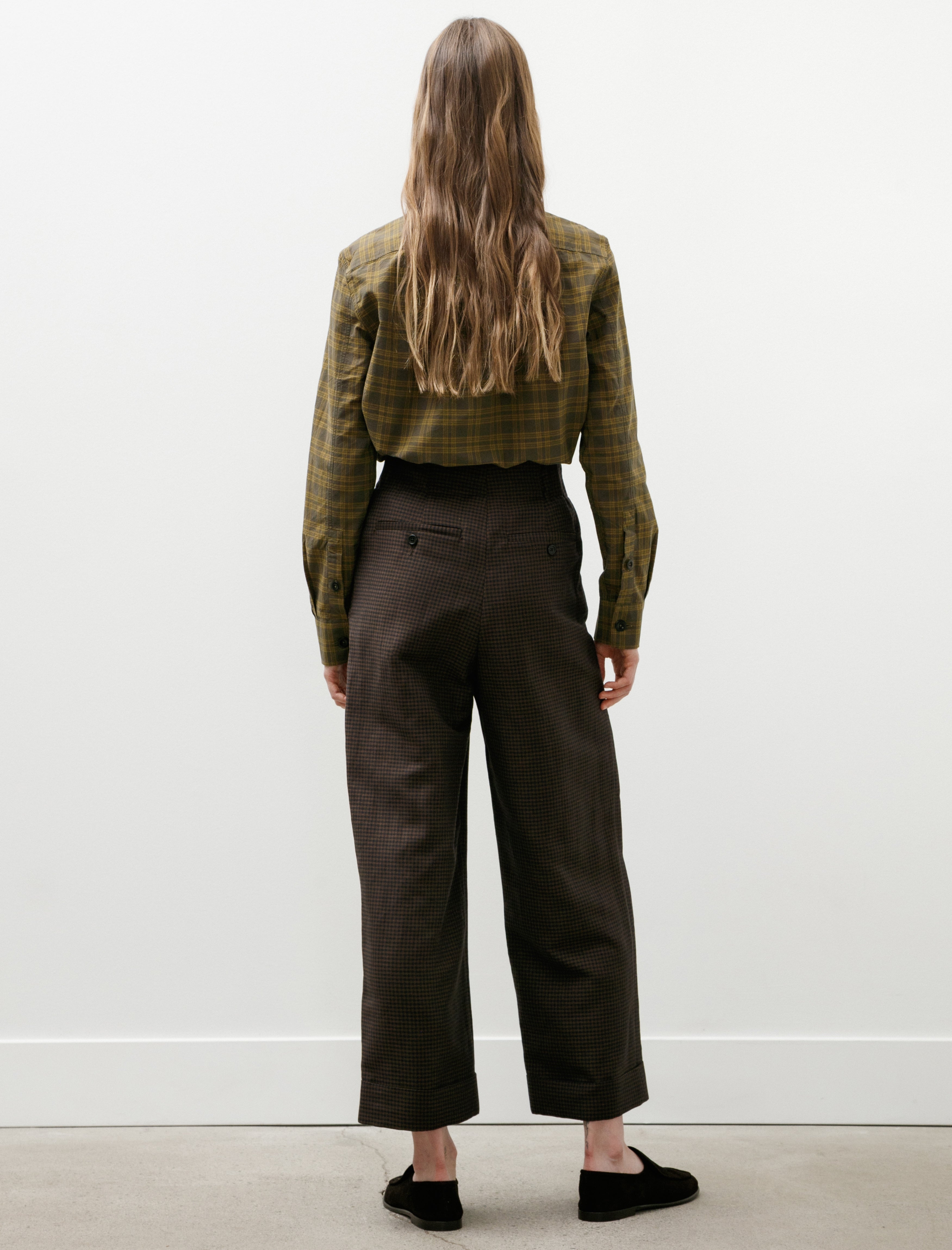 Margaret Howell Relaxed Crop Linen Wool Gingham Navy Warm Brown
