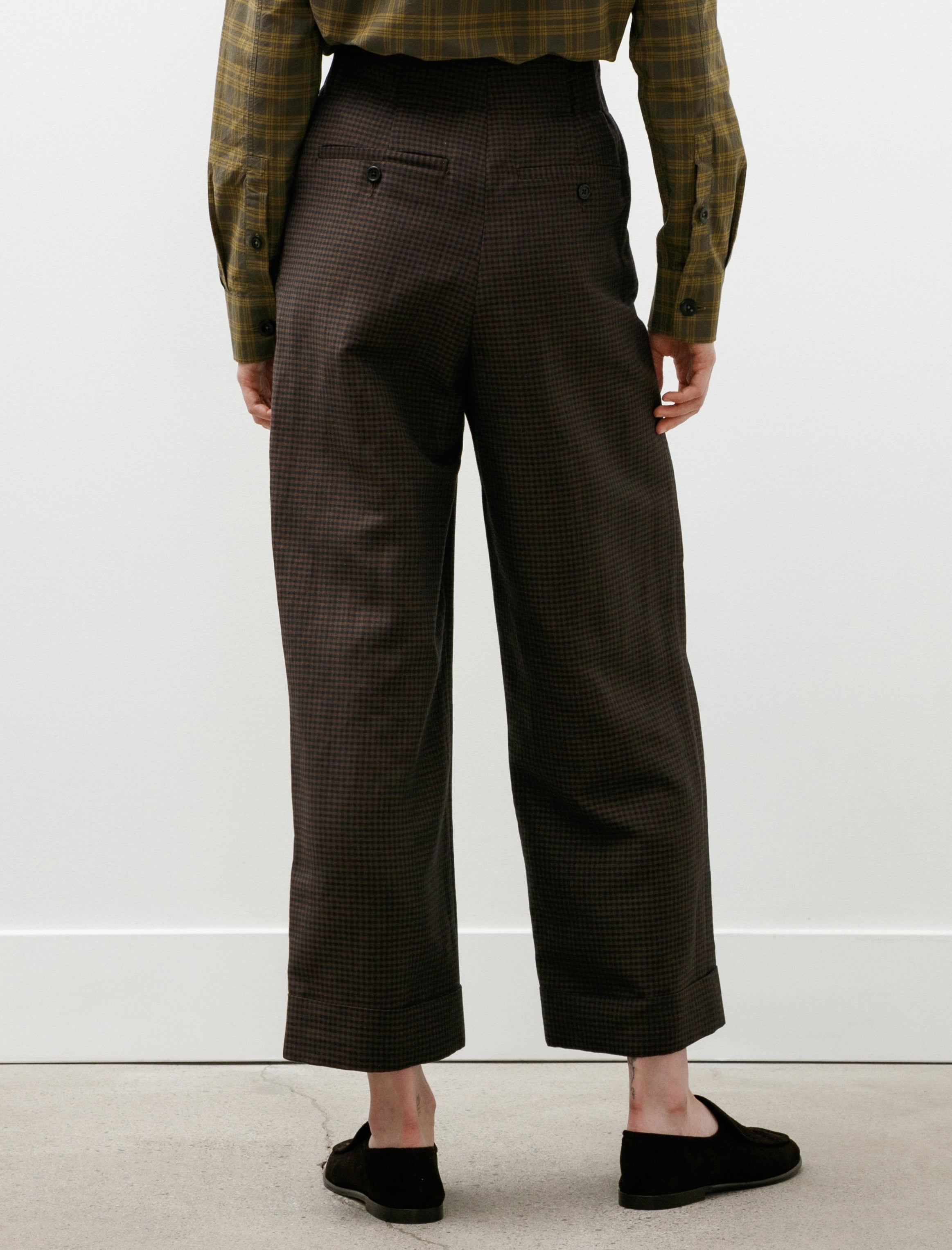Margaret Howell Relaxed Crop Linen Wool Gingham Navy Warm Brown