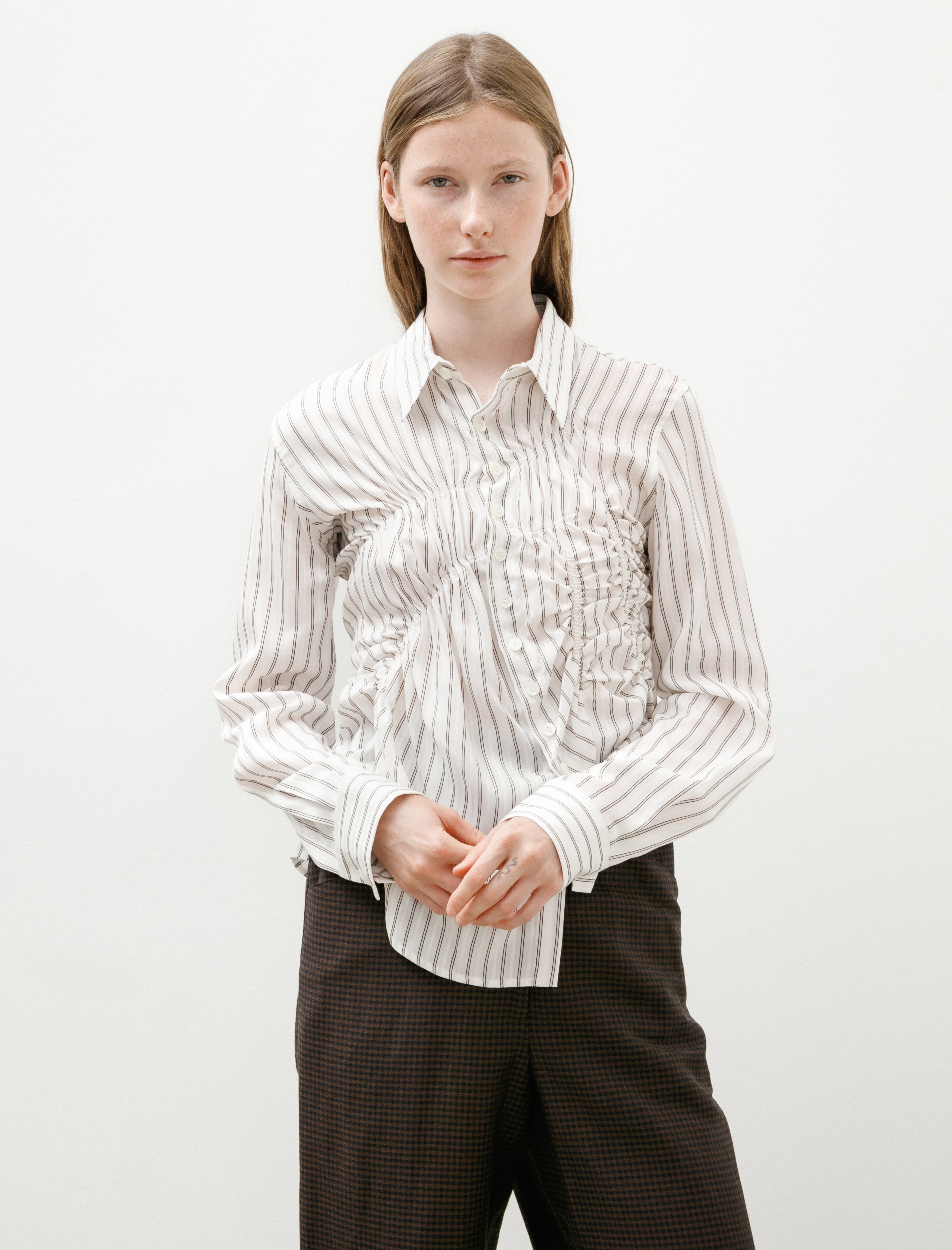 Y's by Yohji Yamamoto Random Gather Blouse Striped Off White