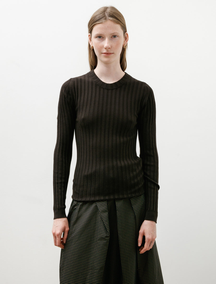 Ribbed Long Sleeve Crew Neck Fine Merino Dark Brown - Image 1
