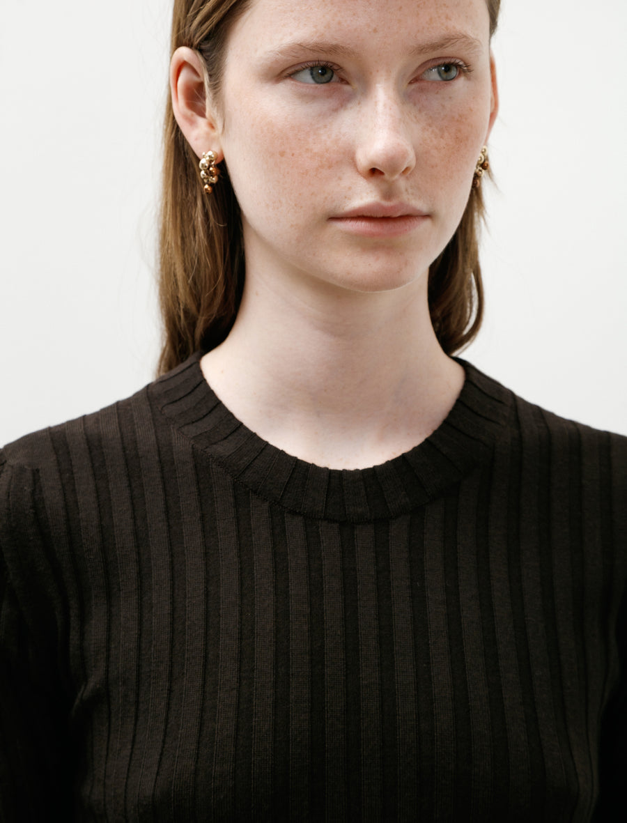 Ribbed Long Sleeve Crew Neck Fine Merino Dark Brown - Image 4