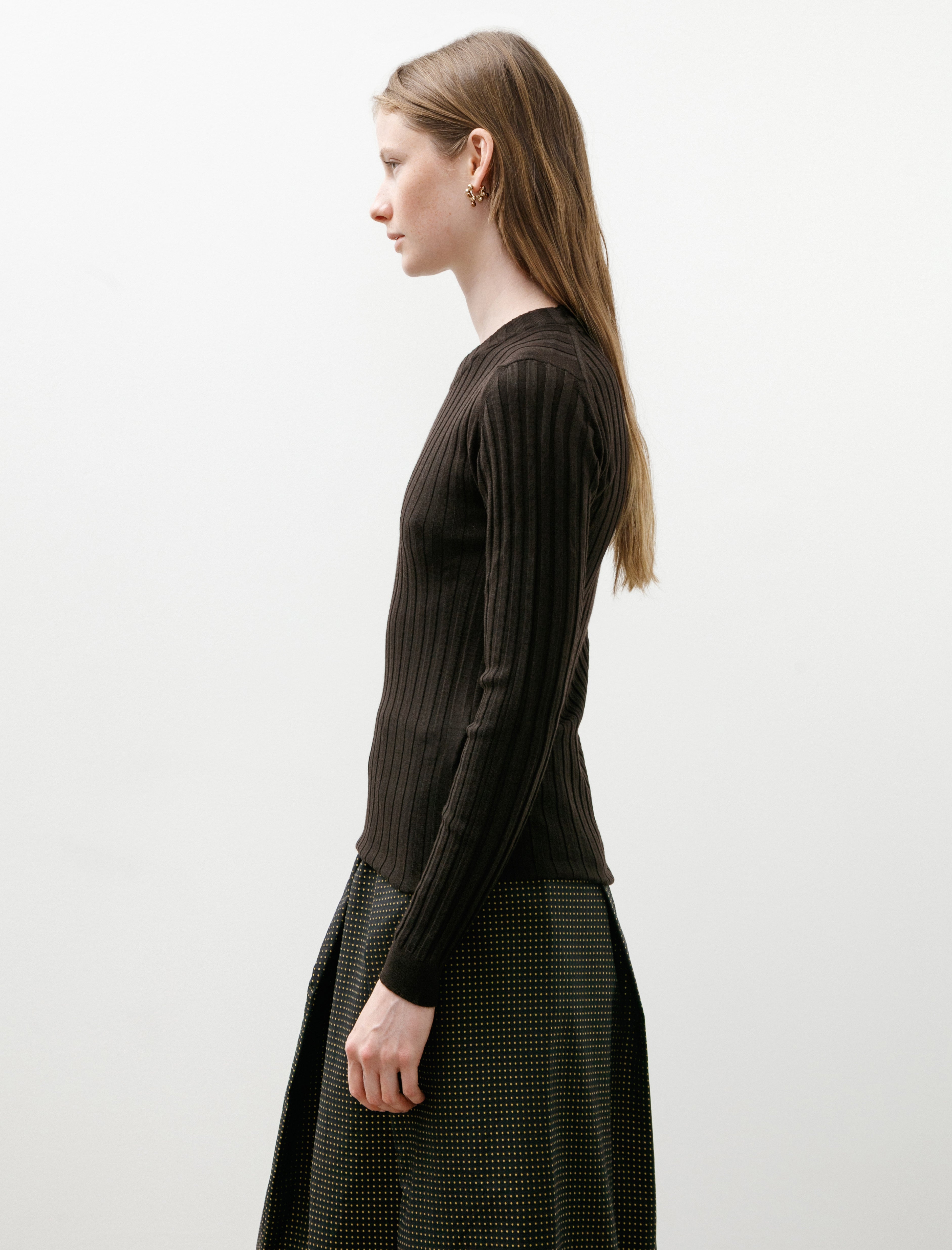 Margaret Howell Ribbed Long Sleeve Crew Neck Fine Merino Dark Brown