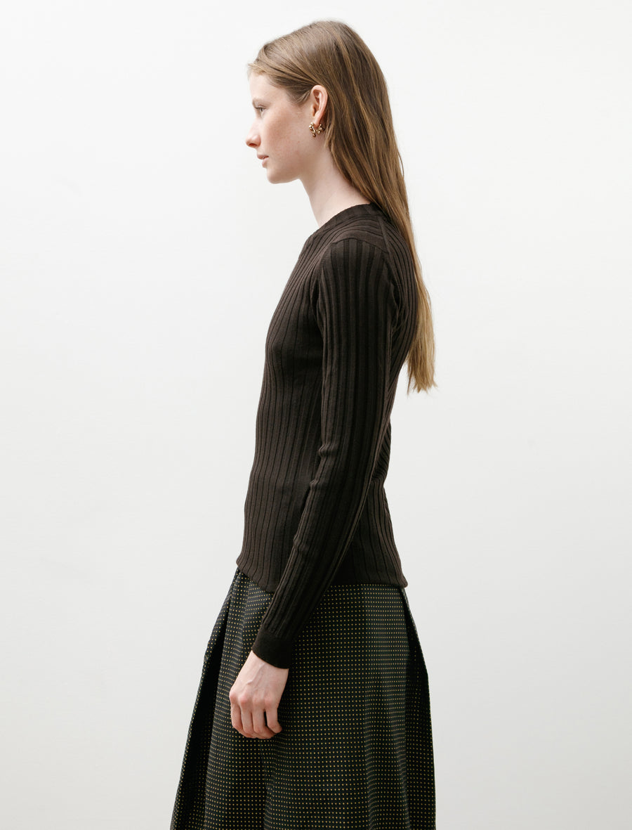 Ribbed Long Sleeve Crew Neck Fine Merino Dark Brown - Image 3