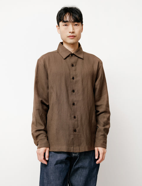 Evan Kinori Flat Hem Shirt Wool Linen Twill Brown