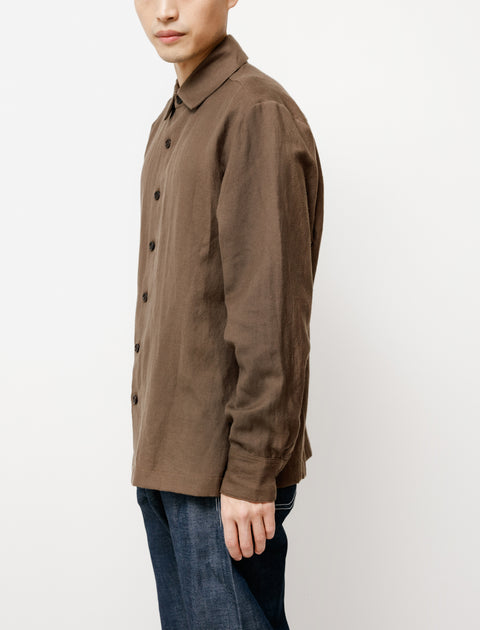 Evan Kinori Flat Hem Shirt Wool Linen Twill Brown