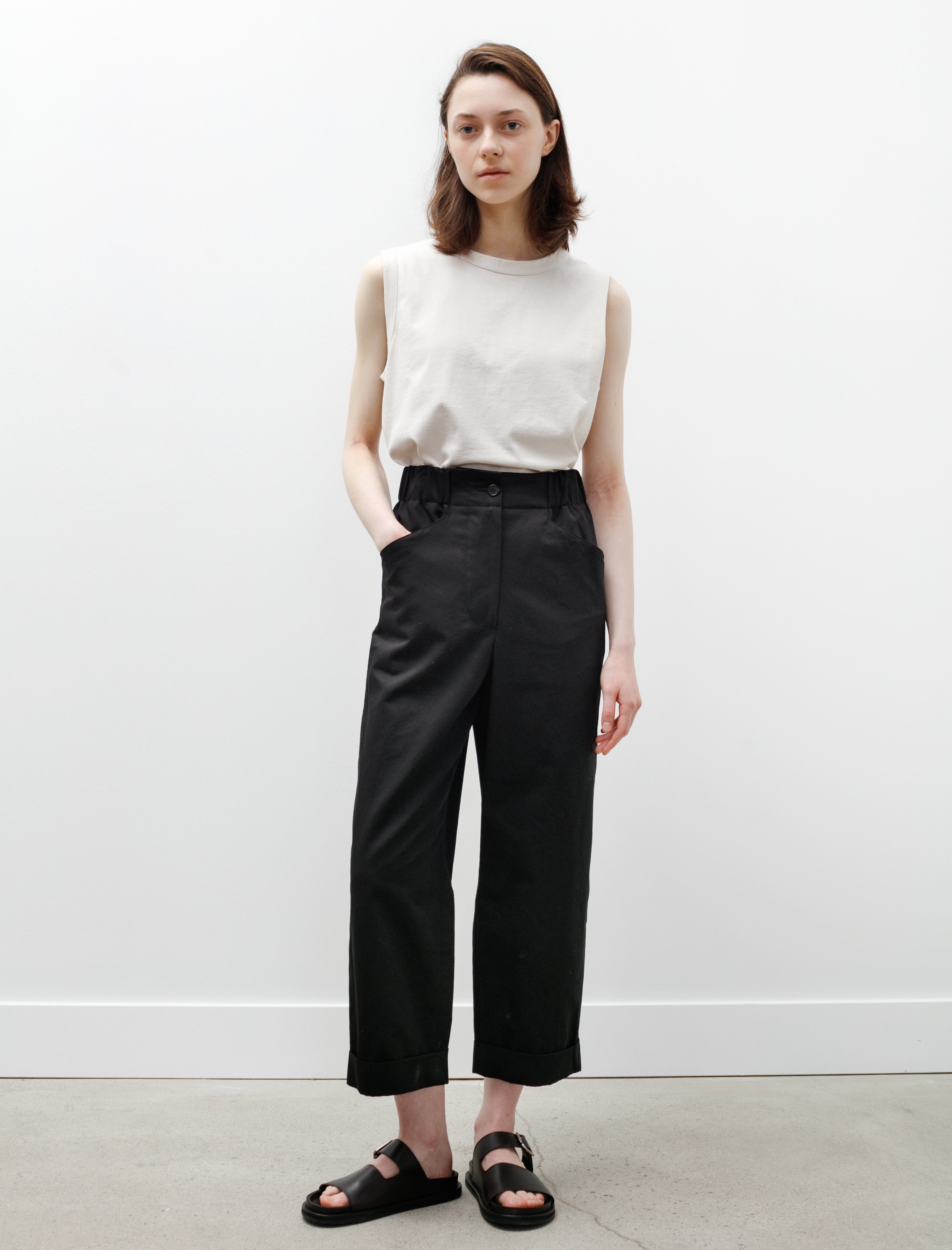 Relaxed Crop Trousers Cotton Linen Twill Black