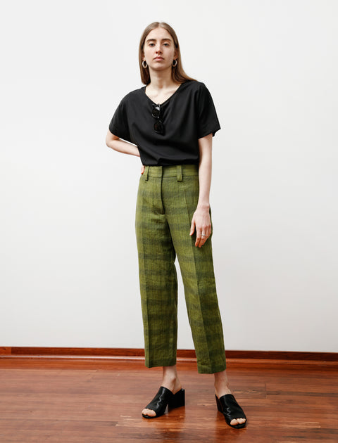 Linen/Cotton Check Trousers Green/Grey